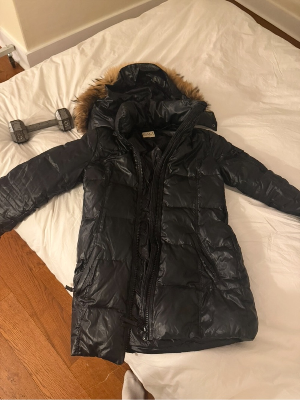 SAM NYC Down Puffer Jacket with Faux Fur Trimmed Hood in Jet Black